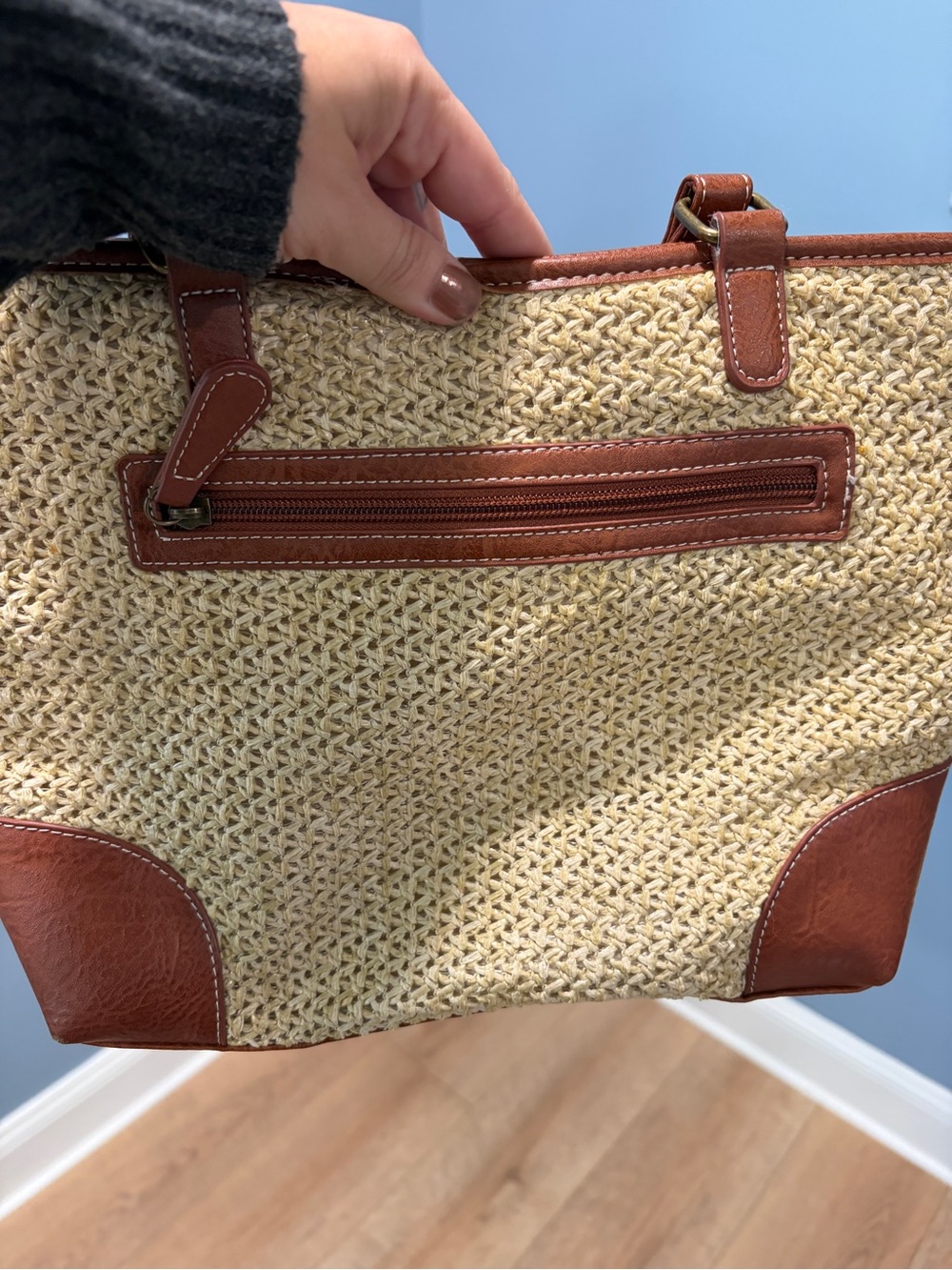Stone Mountain Straw Woven Tote Bag Cognac Brown Faux Leather Beach Shoulder - Picture 6 of 8